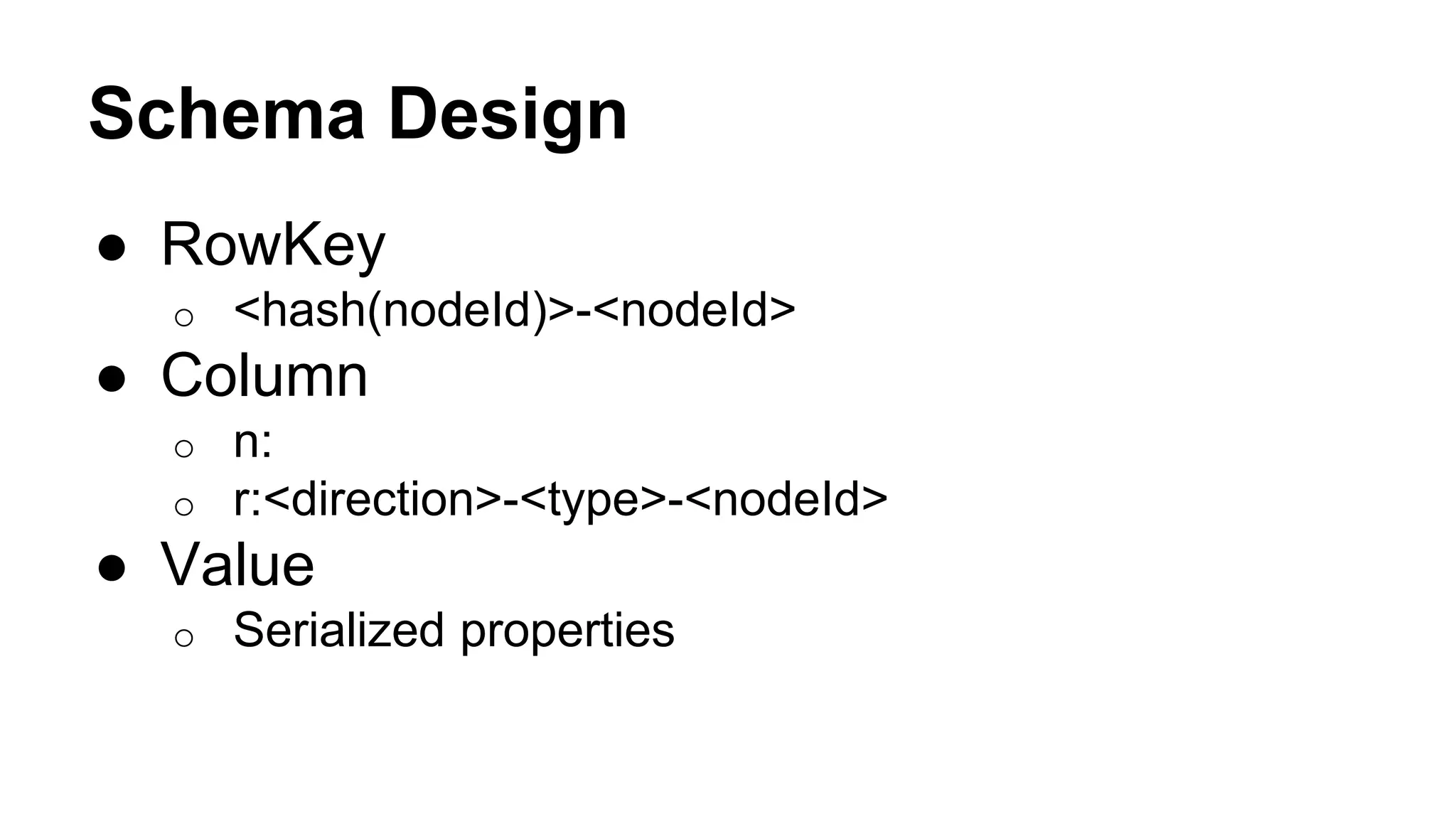 Schema Design
● RowKey
o <hash(nodeId)>-<nodeId>
● Column
o n:
o r:<direction>-<type>-<nodeId>
● Value
o Serialized properties
 