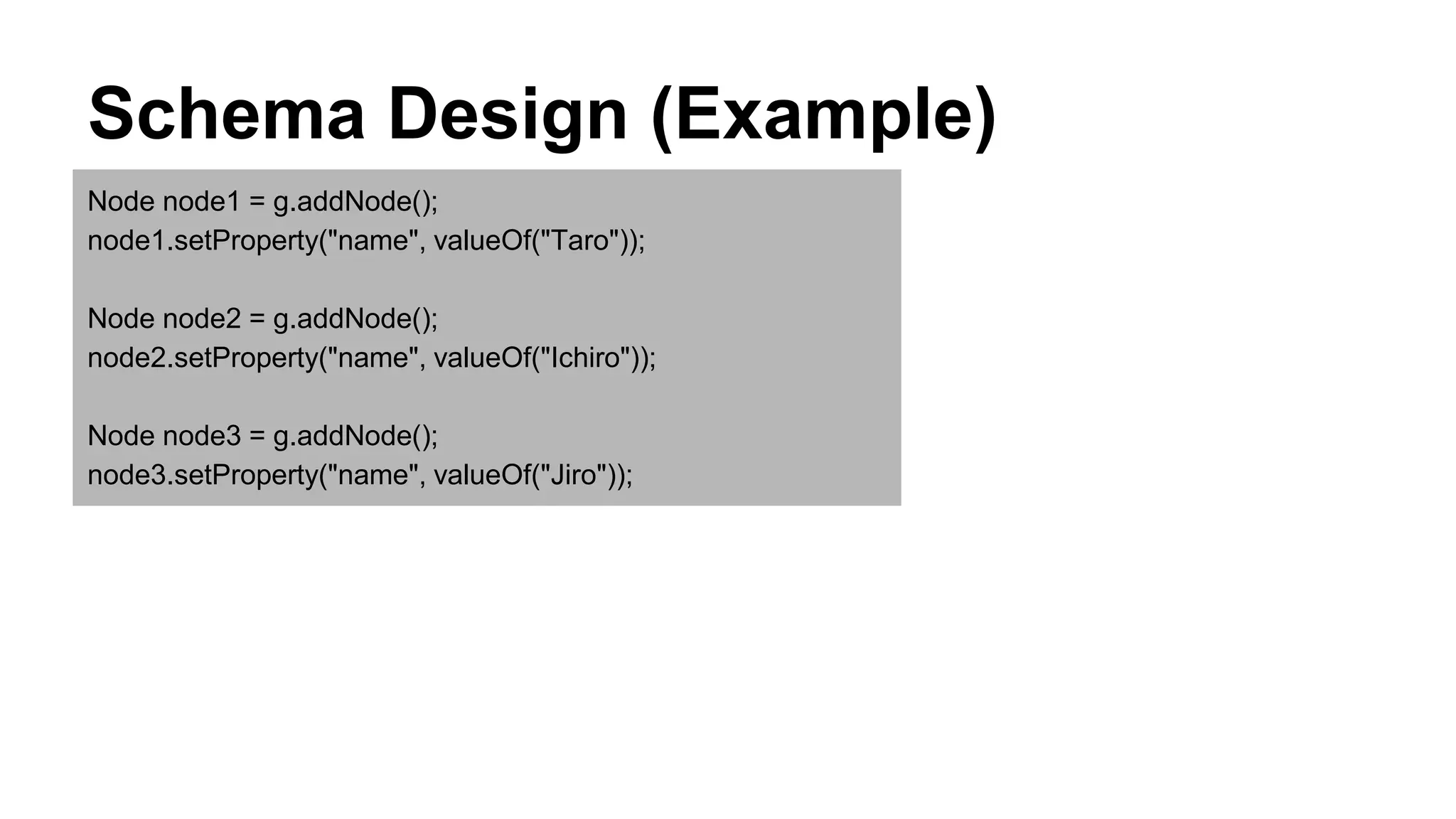 Schema Design (Example)
Node node1 = g.addNode();
node1.setProperty("name", valueOf("Taro"));
Node node2 = g.addNode();
node2.setProperty("name", valueOf("Ichiro"));
Node node3 = g.addNode();
node3.setProperty("name", valueOf("Jiro"));
 