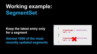 Working example:
SegmentSet
Keep the latest entry only
for a segment
Atmost 1000 of the most
recently updated segments
 