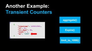 Another Example:
Transient Counters
aggregate()
Expire()
limit_to_1000()
 
