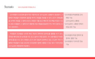 학생들의 프로필을 누르면 학생 개인의 연락처와 참여도를 열람할 수가 있다.
귀여운메타포로한눈에볼수도있고,눌러서파일업로드수나출석률등자세한
참여도를 볼 수도 있다. 희정은 1조가 모두 열심히 참여하고 있는 것 같아 격려 차
원에서학생들이다음오프라인조모임에서함께사용할수있는빙수기프티콘을
‘교수님과의채팅’방에전송했다.
°교수회원의학생연락처및
참여도열람기능
°교수회원의기프티콘전송
기능
‘교수’회원이 조모임에들어가면, 자동적으로‘교수님과의 소통방’이 생성된다. 그
방에서 학생들이 희정에게 질문을 하거나 파일을 전송할 수 있다. 1조가 진행상황
을 요약한 파일을 그 방에 보내서, 희정은 이를 읽고 빠르게 피드백을 해 줄 수 있
다. 모든조원들이그방에있기때문에, 따로메일을발송한다거나하지않아도되
어서편리하다..
°교수회원과학생회원간의
채팅기능
(교수님과의소통방)
°교수님과의 소통방안에서
파일공유기능
 