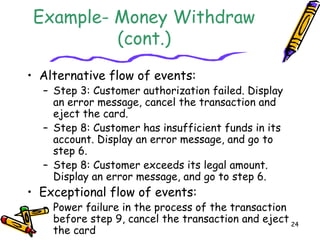24
Example- Money Withdraw
(cont.)
• Alternative flow of events:
– Step 3: Customer authorization failed. Display
an error message, cancel the transaction and
eject the card.
– Step 8: Customer has insufficient funds in its
account. Display an error message, and go to
step 6.
– Step 8: Customer exceeds its legal amount.
Display an error message, and go to step 6.
• Exceptional flow of events:
– Power failure in the process of the transaction
before step 9, cancel the transaction and eject
the card
 