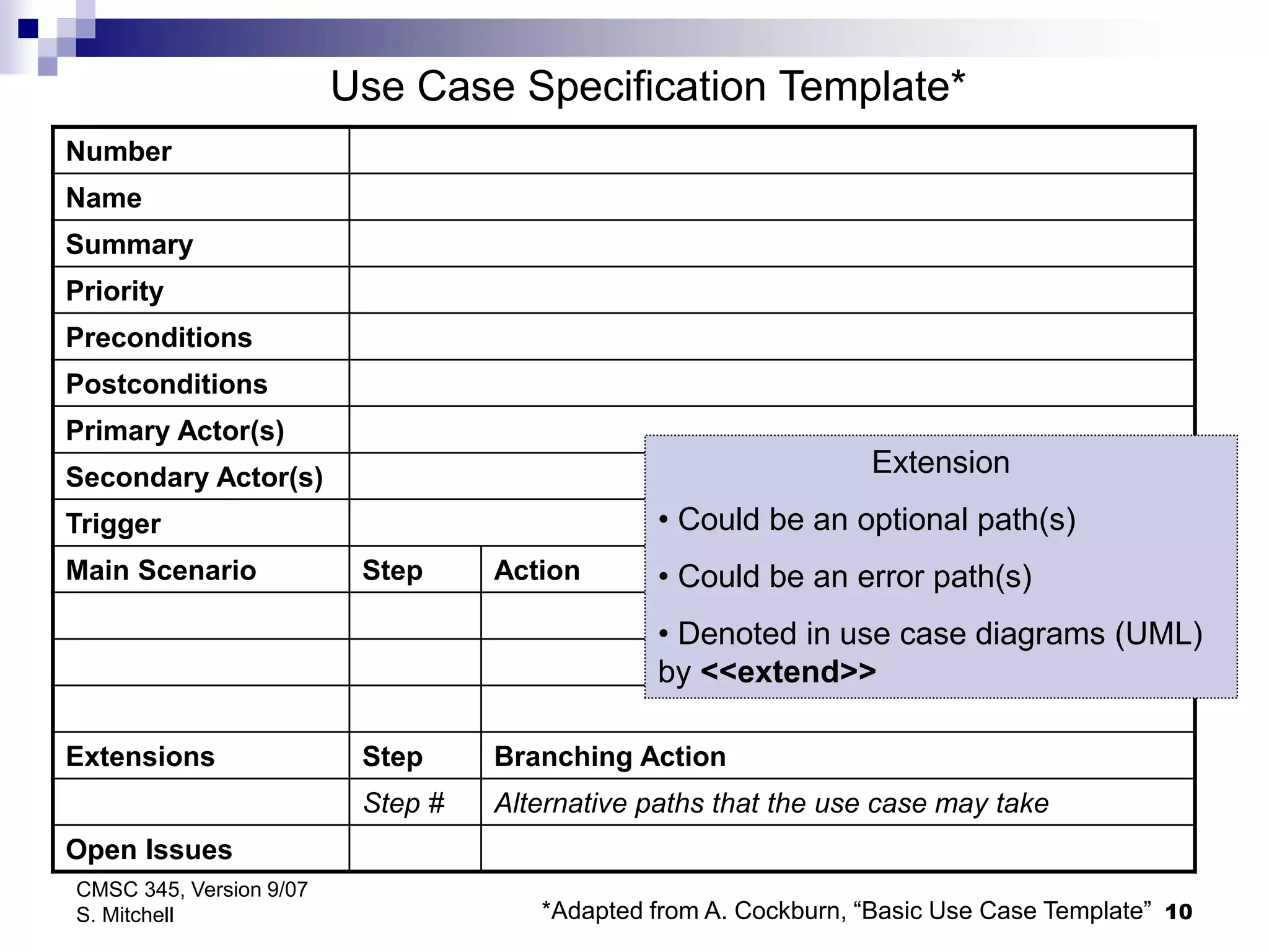 10
CMSC 345, Version 9/07
S. Mitchell
Number
Name
Summary
Priority
Preconditions
Postconditions
Primary Actor(s)
Secondary Actor(s)
Trigger
Main Scenario Step Action
Extensions Step Branching Action
Step # Alternative paths that the use case may take
Open Issues
Use Case Specification Template*
*Adapted from A. Cockburn, “Basic Use Case Template”
Extension
• Could be an optional path(s)
• Could be an error path(s)
• Denoted in use case diagrams (UML)
by <<extend>>
 
