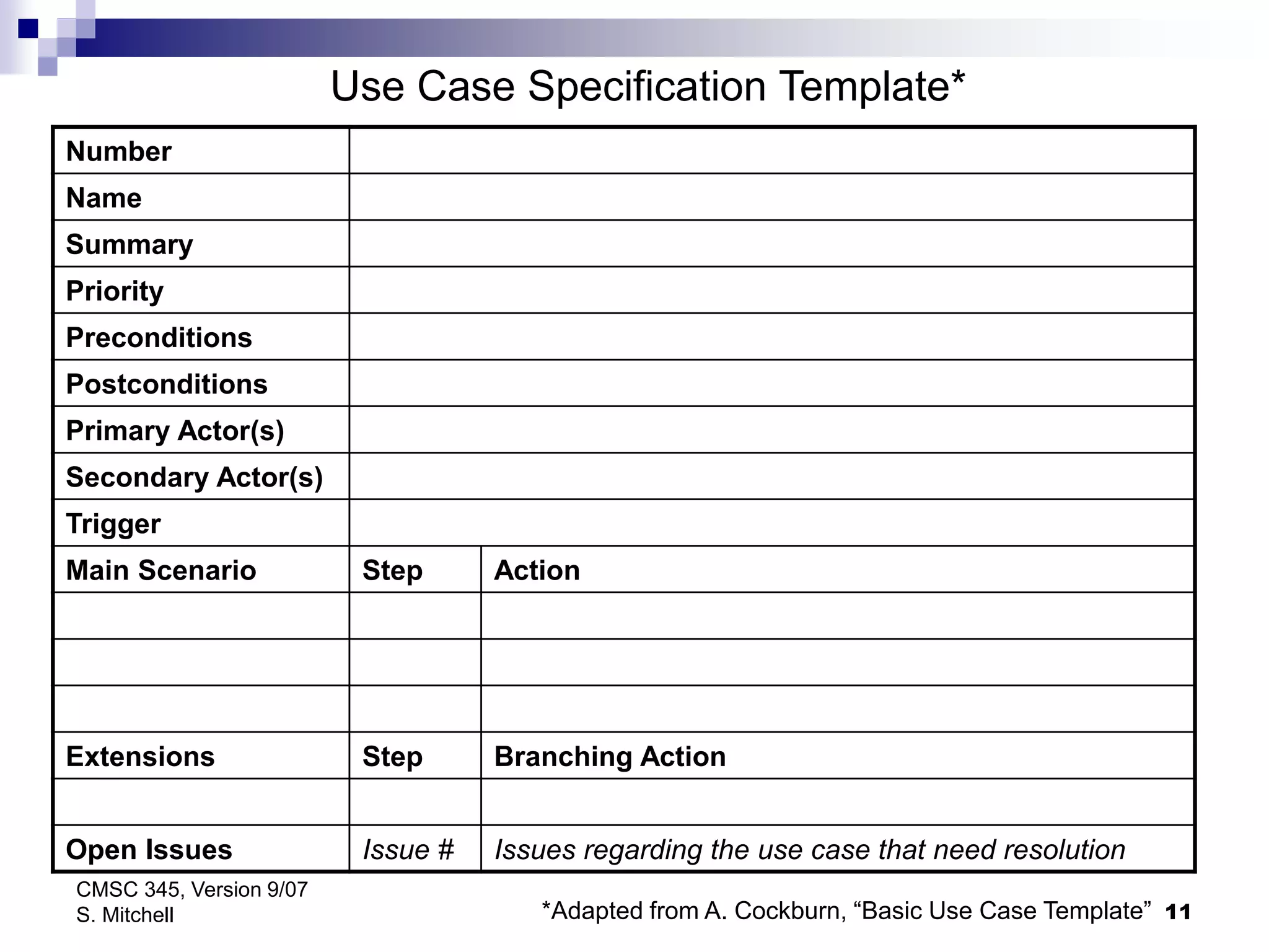 11
CMSC 345, Version 9/07
S. Mitchell
Number
Name
Summary
Priority
Preconditions
Postconditions
Primary Actor(s)
Secondary Actor(s)
Trigger
Main Scenario Step Action
Extensions Step Branching Action
Open Issues Issue # Issues regarding the use case that need resolution
Use Case Specification Template*
*Adapted from A. Cockburn, “Basic Use Case Template”
 