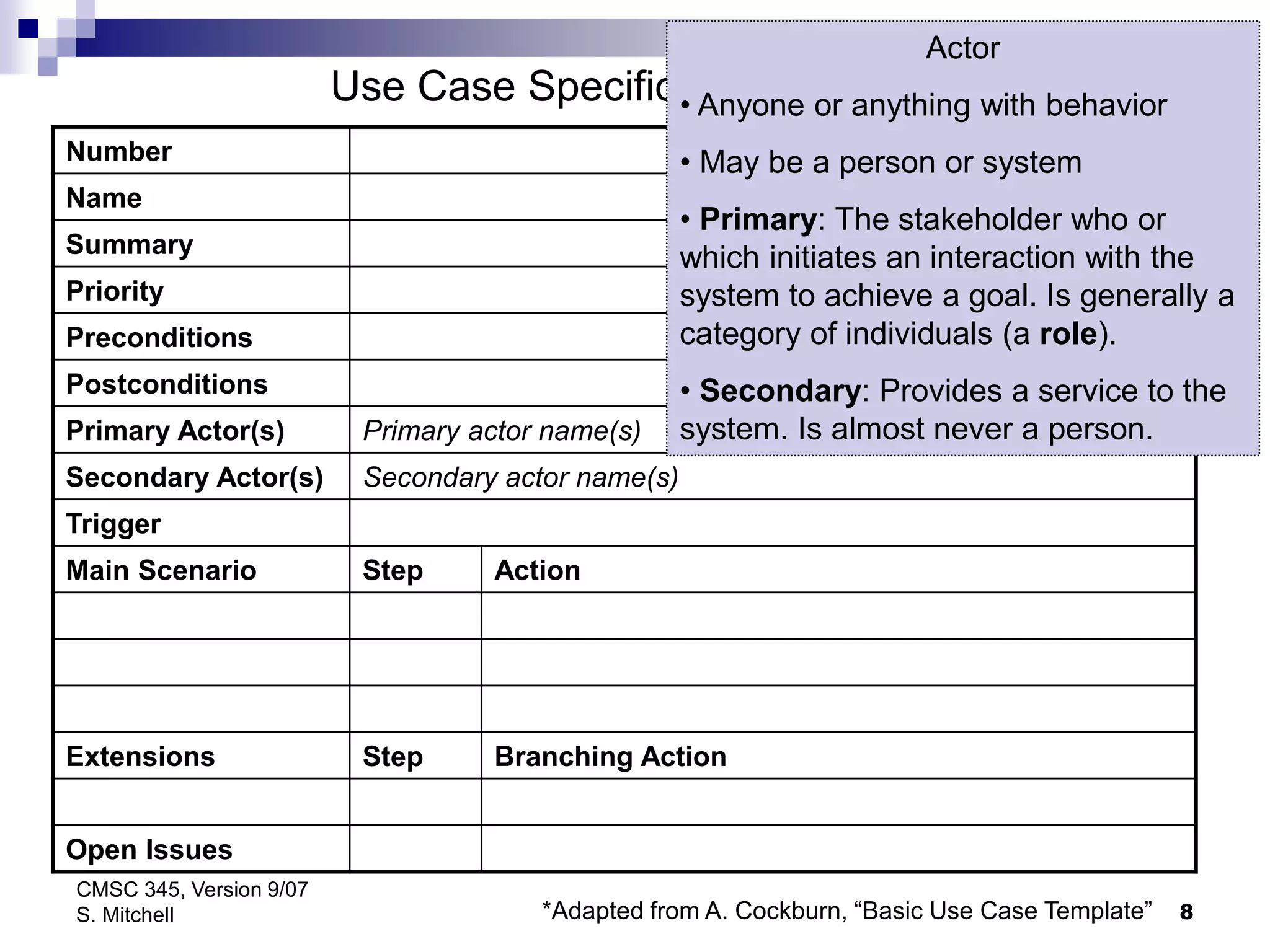 8
CMSC 345, Version 9/07
S. Mitchell
Number
Name
Summary
Priority
Preconditions
Postconditions
Primary Actor(s) Primary actor name(s)
Secondary Actor(s) Secondary actor name(s)
Trigger
Main Scenario Step Action
Extensions Step Branching Action
Open Issues
Use Case Specification Template*
*Adapted from A. Cockburn, “Basic Use Case Template”
Actor
• Anyone or anything with behavior
• May be a person or system
• Primary: The stakeholder who or
which initiates an interaction with the
system to achieve a goal. Is generally a
category of individuals (a role).
• Secondary: Provides a service to the
system. Is almost never a person.
 