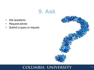 11
9. Ask
• Ask questions
• Request advice
• Submit a query or request
 