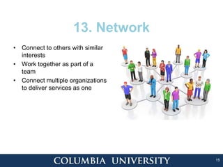 15
13. Network
• Connect to others with similar
interests
• Work together as part of a
team
• Connect multiple organizations
to deliver services as one
 