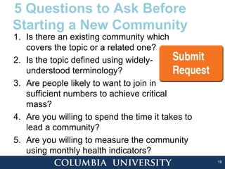18
5 Questions to Ask Before
Starting a New Community
1. Is there an existing community which
covers the topic or a related one?
2. Is the topic defined using widely-
understood terminology?
3. Are people likely to want to join in
sufficient numbers to achieve critical
mass?
4. Are you willing to spend the time it takes to
lead a community?
5. Are you willing to measure the community
using monthly health indicators?
 