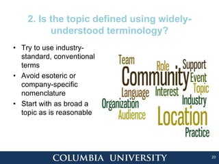 20
2. Is the topic defined using widely-
understood terminology?
• Try to use industry-
standard, conventional
terms
• Avoid esoteric or
company-specific
nomenclature
• Start with as broad a
topic as is reasonable
 