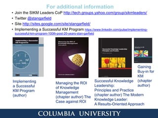 For additional information
• Join the SIKM Leaders CoP http://tech.groups.yahoo.com/group/sikmleaders/
• Twitter @stangarfield
• Site http://sites.google.com/site/stangarfield/
• Implementing a Successful KM Program https://www.linkedin.com/pulse/implementing-
successful-km-program-100th-post-20-years-stan-garfield
Implementing
a Successful
KM Program
(author)
Successful Knowledge
Leadership:
Principles and Practice
(chapter author) The Modern
Knowledge Leader:
A Results-Oriented Approach
Gaining
Buy-in for
KM
(chapter
author)
Managing the ROI
of Knowledge
Management
(chapter author) The
Case against ROI
 
