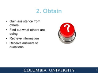 4
2. Obtain
• Gain assistance from
others
• Find out what others are
doing
• Retrieve information
• Receive answers to
questions
 