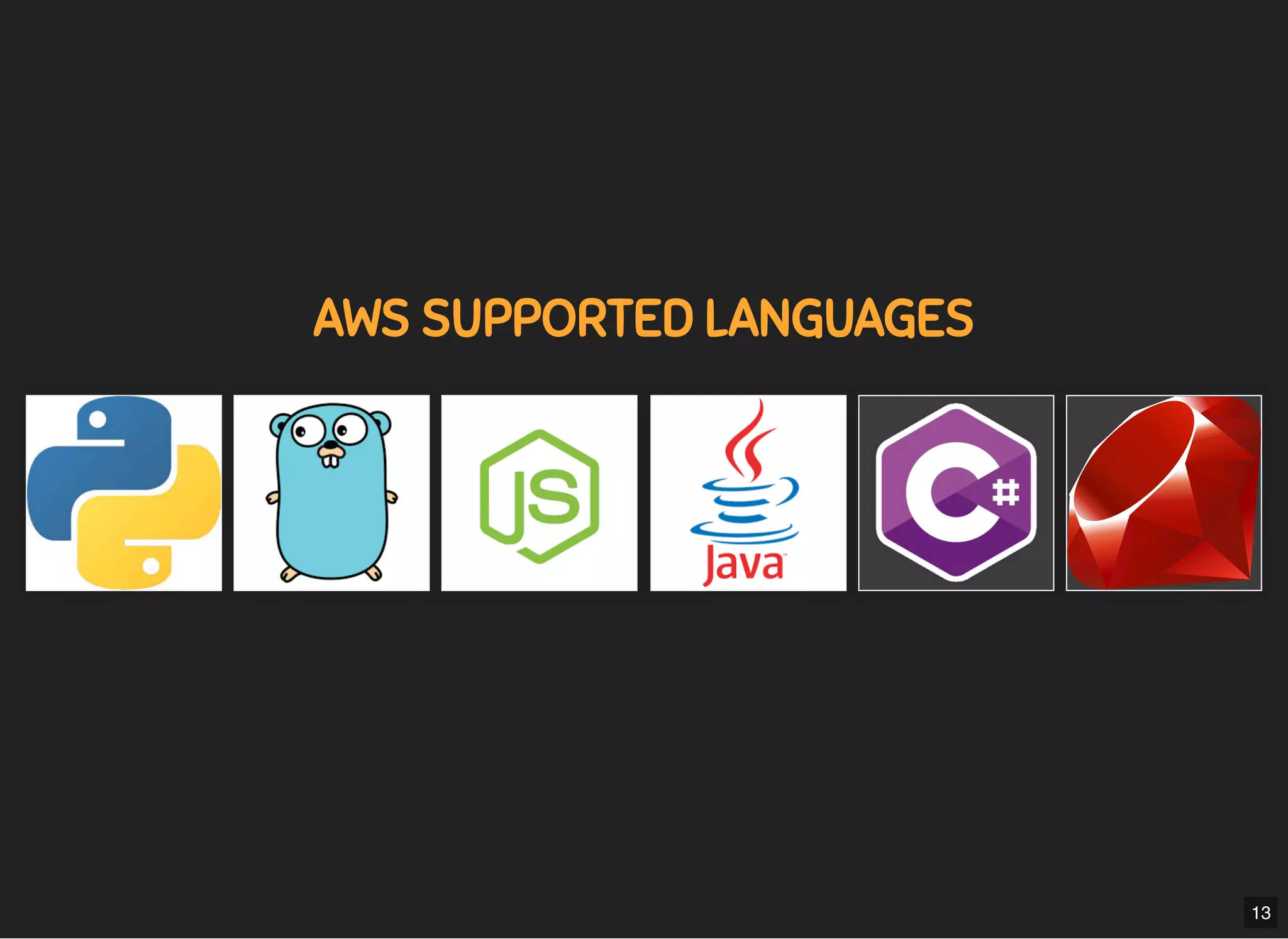 5/7/2019 MLSDev
localhost:8000/?print-pdﬁ#/ 30/80
AWS SUPPORTED LANGUAGESAWS SUPPORTED LANGUAGES
13
 