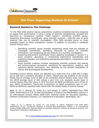 Use Case: Supporting Students In Science

Research Related to This Challenge:

“In the PISA 2006 science literacy assessment, students completed exercises designed
to assess their performance in using a range of scientific competencies, grouped and
described as ‘competency clusters.’ These clusters— identifying scientific issues,
explaining phenomena scientifically, using scientific evidence —describe sets of skills
students may use for scientific investigation. PISA 2006 provides scores on three
subscales based on these competency clusters in addition to providing a combined
science literacy score.

      •    Identifying scientific issues includes recognizing issues that are possible to
           investigate scientifically; identifying keywords to search for scientific
           information; and recognizing the key features of a scientific investigation.
      •    Explaining phenomena scientifically covers applying knowledge of science in a
           given situation; describing or interpreting phenomena scientifically and
           predicting changes; and identifying appropriate descriptions, explanations, and
           predictions.
      •    Using scientific evidence includes interpreting scientific evidence and making
           and communicating conclusions; identifying the assumptions, evidence, and
           reasoning behind conclusions; and reflecting on the societal implications of
           science and technological developments.

Combined science literacy scores are reported on a scale from 0 to 1,000 with a mean
set at 500 and a standard deviation of 100.6. Fifteen-year-old students in the United
States had an average score of 489 on the combined science literacy scale, lower than
the OECD average score of 500 (tables 2 and C-2). U.S. students scored lower in
science literacy than their peers in 16 of the other 29 OECD jurisdictions and 6 of the 27
non- OECD jurisdictions. Twenty-two jurisdictions (5 OECD jurisdictions and 17 non-
OECD jurisdictions) reported lower scores than the United States in science literacy.”

Baldi, S., Jin, Y., Skemer, M., Green, P.J., and Herget, D. (2007). Highlights From PISA
2006: Performance of U.S. 15-Year-Old Students in Science and Mathematics Literacy in
an International Context (NCES 2008–016). National Center for Education Statistics,
Institute of Education Sciences, U.S. Department of Education. Washington, DC.1



1 Baldi, S., Jin, Y., Skemer, M., Green, P.J., and Herget, D. (2007). Highlights From PISA 2006:
Performance of U.S. 15-Year-Old Students in Science and Mathematics Literacy in an International
Context (NCES 2008–016). National Center for Education Statistics, Institute of Education Sciences, U.S.
Department of Education. Washington, DC



                    Go to www.CollaborizeClassroom.com for more information
 