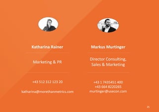 25
+43 512 312 123 20
katharina@morethanmetrics.com
Marketing & PR
Katharina Rainer
+43 1 7435451 400
+43 664 8220265
murtinger@usecon.com
Director Consulting,
Sales & Marketing
Markus Murtinger
 