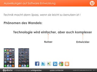 Auswirkungen auf Software Entwicklung

Technik macht dann Spass, wenn sie leicht zu benutzen ist !

Phänomen des Wandels:
Technologie wird einfacher, aber auch komplexer
Nutzer

update confidential

Entwickler

copyright © 2013 | update software AG | 28.11.2013

8

 