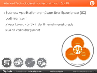 Wie wird Technologie einfacher und macht Spaß?

» Business Applikationen müssen User Experience (UX)
optimiert sein
» Verankerung von UX in der Unternehmensstrategie
» UX als Verkaufsargument

update confidential

copyright © 2013 | update software AG | 28.11.2013

9

 
