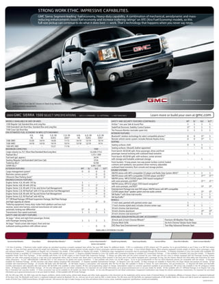WE ARE PROFESSIONAL GRADE.
®
GMC Sierra: Segment-leading1
fuel economy, Heavy-duty capability. A combination of mechanical, aerodynamic and mass-
reducing enhancements boost fuel economy and increase trailering ratings2
on XFE (Xtra Fuel Economy) models, so this
full-size pickup can continue to do what it does best — work. That’s technology that happens when you never say never.
STRONG WORK ETHIC. IMPRESSIVE CAPABILITIES.
2009 GMC SIERRA 1500 SELECT SPECIFICATIONS KEY: S = STANDARD O = OPTIONAL – = NOT AVAILABLE Learn more or build your own at gmc.com
MODELS (AVAILABLE IN 2WD OR 4WD)
1500 Regular Cab Standard Box and Long Box
1500 Extended Cab Short Box, Standard Box and Long Box
1500 Crew Cab Short Box
EPA ESTIMATED FUEL ECONOMY IN MPG (CITY/HIGHWAY)
4.3L
V6
4.8L
V8
5.3L V8
(GAS)
5.3L V8
(E85)3
6.0L
V8
6.2L V8
(GAS)
6.2L V8
(E85)3
1500 2WD 15/20 14/19 14/20 11/15 14/19 13/19 10/14
1500 4WD 14/18 14/18 14/19 10/14 13/18 12/19 9/14
1500 XFE 2WD – – 15/21 11/16 – – –
MAXIMUM CAPACITIES 1500
Cargo volume (cu. ft.)4
(Short Box/Standard Box/Long Box) 53.2/60.7/75.5
Payload (lbs.)5
1,373–1,909
Fuel tank (gal. approx.) 26/34
Seating (Regular Cab/Extended Cab/Crew Cab) 3/5/6
Trailering (lbs.)2
10,700
GVWR (lbs.)6
6,400–7,300
EXTERIOR FEATURES WT SL7
SLE SLT8
Cargo management system9
O O O O
Rearview camera system10
– – O O
Ultrasonic Rear Parking Assist11
– – O O
ENGINES/CHASSIS FEATURES
Engine: Vortec 4.3L V6 with 195 hp S – – –
Engine: Vortec 4.8L V8 with 295 hp O S S12
–
Engine: Vortec 5.3L V8 with 315 hp and Active Fuel Management O – O S
Engine: Vortec 5.3L V8 FlexFuel3
with 315 hp and Active Fuel Management O – O O
Engine: Vortec 6.0L V8 with 367 hp and Active Fuel Management – – O O
Engine: Vortec 6.2L V8 FlexFuel3
with 403 hp – – – O
Z71 Off-Road Package: Off-Road Suspension Package, Skid Plate Package
and high-capacity air cleaner – – O13
O
Trailering equipment, heavy-duty: trailer hitch platform and two-inch
receiver, seven-wire harness, external transmission oil cooler and
automatic locking rear differential O14
O O S
Transmission: four-speed automatic S S S S
SAFETY AND SECURITY FEATURES
Air bags:15
driver and right-front passenger, frontal,
with Passenger Sensing System S S S S
Air bags:15
head-curtain side-impact, front and rear
outboard seating positions with rollover sensor – – O O
SAFETY AND SECURITY FEATURES (CONTINUED) WT SL7
SLE SLT8
OnStar:16
one-year Safe & Sound Plan S S S S
StabiliTrak Electronic Stability Control System O17
S S S
Tire Pressure Monitor (excludes spare tire) S S S S
INTERIOR FEATURES
Bluetooth® wireless technology for select compatible phones18
O O O19
S
Remote vehicle starter system: includes Remote Keyless Entry O O O19
S
SEATING
Seating surfaces: cloth O S S –
Seating surfaces: Ultrasoft, leather-appointed – – O S
Front bench: 40/20/40-split, three-passenger, driver and front
passenger manual reclining with outboard head restraints S S – –
Front bench: 40/20/40 split, with recliners, center armrest
with storage and lockable underseat storage – – S –
Front buckets: 10-way power, two-way power lumbar control, heated
cushions and seatbacks, two-position driver memory, adjustable
outboard head restraints, floor console and storage pockets – – – S
SOUND SYSTEMS
AM/FM stereo with MP3-compatible CD player and Radio Data System (RDS)20
S S S S
AM/FM stereo with MP3-compatible CD/DVD player and RDS20
– – O21,22
O21,22
AM/FM stereo, MP3/CD/DVD player, DVD-based navigation23
with voice prompts, and RDS20
– – O21,22
O21,22
AM/FM stereo, MP3/CD player, DVD-based navigation23
with voice prompts, and RDS20
– – O24
O24
Entertainment Package:rear-seat DVD player, AM/FM stereo with MP3-compatible
CD/DVD player, Bose® speaker system and rear audio controls – – O25
O25
XM Radio:26
with three trial months S S S S
XM NavTraffic27
– – O O
WHEELS
17-inch steel, painted with painted center caps S – – –
17-inch chrome styled-steel, includes chrome center caps O S S –
18-inch chrome-clad aluminum – – – S
18-inch chrome-aluminum – – O28
O28
20-inch chrome-clad aluminum29,30
– – O O
AVAILABLE DEALER-INSTALLED GMC ACCESSORIES31
20-Inch and 22-Inch Chrome Wheels32
Premium All-Weather Floor Mats
Chrome Mesh Grille Six-Inch Chrome Tubular Assist Steps
DVD Rear-Seat Entertainment System Two-Way Advanced Remote Start
Carbon Black Metallic33
(extra-cost option)
Onyx BlackSonoma Red Metallic Stealth Gray Metallic Steel Gray Metallic Summit White Silver Birch Metallic Dark Crimson Metallic33
Midnight Blue Metallic33
Fire Red33
AVAILABLE EXTERIOR COLORS
1 At time of printing. 2 Maximum trailer weight ratings are calculated assuming a properly equipped base vehicle. See your GMC dealer for additional details. 3 E85 is a combination of 85% ethanol and 15% gasoline. Go to gm.com/biofuels to see if there is an E85 fuel station
near you. 4 Cargo and load capacity limited by weight and distribution. 5 Maximum payload capacity includes weight of driver, passengers, optional equipment and cargo. 6 Gross Vehicle Weight Rating. When properly equipped; includes weight of vehicle, driver, passengers, cargo
and optional equipment. 7 Not available on Regular Cab or Extended Cab models. 8 Not available on Regular Cab models. 9 Additional cargo management accessories may be purchased through GM Accessories. 10 Requires Extended or Crew Cab models with available SLE
Preferred Package or available SLT Convenience Package. Not available with power sunroof. 11 Requires available Extended or Crew Cab models with Convenience Package or available SLT Convenience Package. 12 Not available in Extended Cab Long Box models. 13 Requires
available Power Pack Plus Package. 14 Not available with Vortec 4.3L V6 MFI engine or Solid Smooth Ride Suspension Package. 15 Always use safety belts and the correct restraint for your child’s age and size. Even in vehicles equipped with the Passenger Sensing System,
children are safer when properly secured in a rear seat in the appropriate infant, child or booster seat. Never place a rear-facing infant restraint in the front seat of any vehicle equipped with a passenger air bag. See the Owner’s Manual and child safety seat instructions for more
safety information. 16 Call 1-888-4ONSTAR (1-888-466-7827) or visit onstar.com for details and system limitations. 17 Not available with Vortec 4.3L V6 MFI engine. 18 Go to gm.com/bluetooth to find out which Bluetooth phones are compatible with the vehicle. 19 Requires
available SLE Preferred Package. 20 RDS functions only where stations broadcast RDS information. 21 Requires available Entertainment Package. 22 Requires Crew Cab models. 23 Map coverage not available in Puerto Rico, the Virgin Islands and portions of Canada. 24 Not
available with Entertainment Package. 25 Includes XM Radio with XM NavTraffic. 26 XM Radio requires a subscription, sold separately after the first 90 days. Not available in Alaska or Hawaii. For more information, visit gm.xmradio.com. 27 Required XM Radio and NavTraffic
monthly subscriptions sold separately after trial period. XM NavTraffic only available in select markets. All fees and programming subject to change. Subscriptions subject to customer agreement available at gm.xmradio.com. XM service only available in the 48 contiguous United
States. 28 Requires available All-Terrain Package. 29 Use only GM-approved tire and wheel combinations. For important tire and wheel information, go to gmaccessorieszone.com or see your dealer for details. 30 Not available with Z71 Off-Road Package or on Regular Cab Long
Box or Extended Cab Long Box models. 31 Some accessories may not be available on all models. See dealer for details. 32 Use only GM-approved tire and wheel combinations. Unapproved combinations may change the vehicle’s performance characteristics. For important tire and wheel
information, go to gmaccessorieszone.com or see your dealer for details. 33 Not available with All-Terrain Package.
GM, the GM Logo, GMC, the GMC Logo, and the slogans, emblems, vehicle model names, vehicle body designs and other marks appearing in this document are the trademarks and/or service marks of General Motors, its subsidiaries, affiliates or licensors. Bose is a registered trademark
of the Bose Corp. The Bluetooth word mark is a registered trademark owned by Bluetooth SIG, Inc., and any use of such mark by GMC is under license. The XM name and XM NavTraffic are registered trademarks of XM Satellite Radio Inc. OnStar and Safe & Sound are registered service
marks of OnStar Corp. ©2009 General Motors. All rights reserved. GM reserves the right to make changes at any time and without notice in prices, colors, materials, equipment, specifications, models and availability.
09GMCSIESPE02
Sierra 1500 Crew Cab SLT shown in Steel Gray Metallic
with available equipment.
www.JimHudsonSuperstore.com
 
