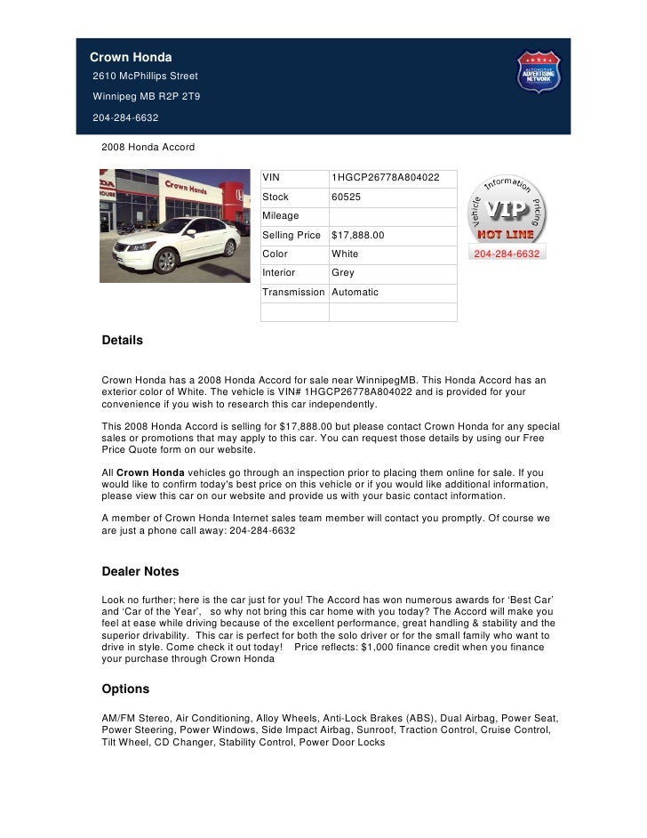 Used 2008 Honda Accord For Sale In Winnipeg Mb