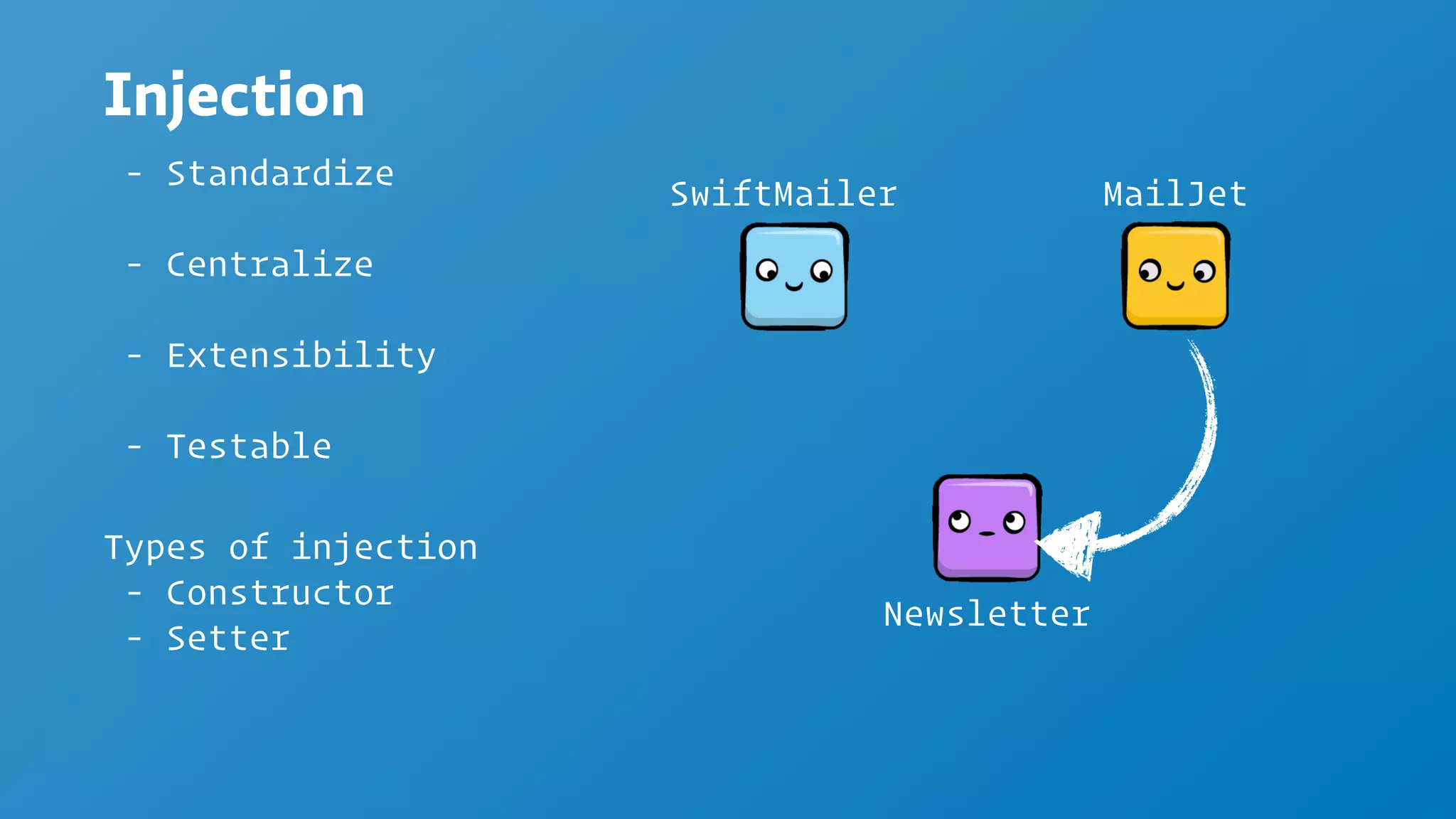 Injection
- Standardize
- Centralize
- Extensibility
- Testable
Types of injection
- Constructor
- Setter
Newsletter
SwiftMailer MailJet
 