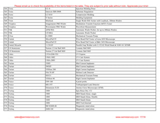 544 Towa CC-S Injection Molding Press
545 Towa Intercon SBS 8808 Substrate Singulation
546 Towa LC1010 Compression Molding
547 Towa Y Series Molding Equipment
548 Trion Minilock Single Wafer RIE Etcher with Loadlock, 200mm Wafers
549 Trioptics Imagemaster PRO Wafer Modulation Transfer Function (MTF) Tester
550 Trioptics Wavemaster PRO Wafer Wavefront Measurement
551 TSK APM-90A Automatic Wafer Prober, for up to 200mm Wafers
552 TSK UF200A Automatic Wafer Prober
553 Ulvac G-100D Mechanical Vacuum Pump
554 Unitek MicroPull IV Wire Bond Pull Tester w/Leica SZ4 Microscope
555 Unitek MicroPull IV Wire Bond Pull Tester w/B&L SZ4 Microscope
556 Unitek Miyachi 1-124-05 Parallel Gap Welder with 2-152-02 Weld Head & 9-001-01 XFMR
557 US Stoneware Norton 12 Gal Ball Mill Ceramic Ball Mill
558 US Stoneware Norton 27 Gal Ball Mill Ceramic Ball Mill
559 Ushio UVS-4200-TIU UV Expose
560 Ushio UMA-1002 UV Cure System
561 Ushio UMA-2003 UV Cure System
562 Varian 350D Mid Current Implanter
563 Varian 300XP Mid Current Implanter
564 Varian VIISion 200 High Current Implanter
565 Varian 936-70 SP Helium Leak Detector
566 Varian SD331 Mechanical Vacuum Pump
567 Varian VIISion 80 High Current Implanter
568 Veeco FPP-100 4 point probe
569 Veeco MS-35T Turbopumped Leak Detector
570 Veeco Dimension X1D Atomic Force Microscope (AFM)
571 Verteq 1800 Spin Rinse Dry. CU
572 Verteq 1800 SRD Stand-Alone. single
573 Verteq 1800 SRD Stand-Alone. Double
574 Verteq 1600 SRD Stand-Alone
575 Verteq 1800 SRD Tool-Internal
576 Verteq MCS2600-46 Megasonic stand alone
577 Verteq 2600-34C Megasonic stand alone
Please email us to check the availability of the items listed in the table. They are subject to prior sale without notic. Appreciate your time!
sales@semistarcorp.com www.semistarcorp.com 17/18
 