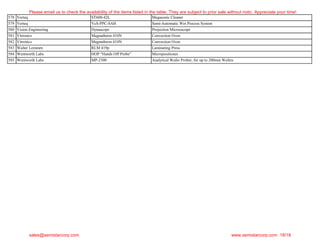 578 Verteq ST600-42L Megasonic Cleaner
579 Verteq VcS-PPC-SAH Semi-Automatic Wet Process System
580 Vision Engineering Dynascope Projection Micrsoscope
581 Vitronics Magnatherm 410N Convection Oven
582 Vitronics Magnatherm 410N Convection Oven
583 Walter Lemmen RLM 419p Laminating Press
584 Wentworth Labs HOP "Hands Off Probe" Micropositioner
585 Wentworth Labs MP-2300 Analytical Wafer Prober, for up to 200mm Wafers
Please email us to check the availability of the items listed in the table. They are subject to prior sale without notic. Appreciate your time!
sales@semistarcorp.com www.semistarcorp.com 18/18
 