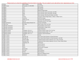 238 Jeol JWS-7505ZH CD-SEM
239 JPSA Laser Chromadice LX-300 DPSS Laser Scribe
240 K&S 1471 Wire Bonder
241 K&S 1472 Wire Bonder
242 K&S 4523 Manual Wedge Bonder
243 K&S 6495 Semi-Automatic Epoxy Die Bonder with PRS
244 K&S 6496 Semi-Automatic Epoxy Die Bonder with PRS
245 K&S 6497 Semi-Automatic Flip Chip Die Bonder with PRS
246 K&S 1470-4 Automatic Hybrid Wedge Bonder, 100mm x 100mm Travel
247 K&S 1488 Plus Gold Wire Bonder
248 K&S 9388 Laser Pro Automatic Ball Attach System
249 K&S 982-10 Dicing Saw with 10" XY Travel
250 Kardex-Remstar RemStar Shuttle1850x825 NT Vertical Lift Module
251 Karl Suss RA120M Wafer Scriber, Parts Tool Only
252 Keithley Instruments 220 Programmable Current Source
253 Keithley Instruments 230 Programmable Voltage Source
254 Keithley Instruments 619 Digital Multimeter
255 Kinetic Systems Vibraplane 1201-01-11 Vibration Isolation Table 30"x35"x29"(h)
256 Kinetic Systems Vibraplane 1202-22-12S Vibration Isolation Table, 47" x 36"
257 Kinetic Systems Vibraplane 1201-11-11 Vibration Control Workstation
258 KLA Tencor P-20H Profiler
259 KLA Tencor M-Gage 300 Non-Contact Wafer Monitor for Sheet Resistance
260 KLA Tencor M-Gage 300 Non-Contact Wafer Monitor for Sheet Resistance, with DDC
261 KLA Tencor Surfscan 4000 Unpatterned Wafer Surface Inspection Tool - Parts Tool Only
262 KLA Tencor Surfscan 4500 Unpatterned Wafer Surface Inspection Tool, for 75mm-150mm Wafers
263 KLA Tencor AlphaStep 300 Profilometer
264 KLA Tencor 6220 Particle Detector
265 KLA Tencor 6420 Particle Detector
266 KLA Tencor VP10 4 point probe-Versapobe
267 KLA Tencor FLX2320A Film Stress
268 KLA Tencor UV1050 Film Thickness
269 KLA Tencor FT650 Film Thickness
270 KLA Tencor Omnimap RS55 Resistivity Mapping System
271 KLA Tencor CRS1010 Defect review station
Please email us to check the availability of the items listed in the table. They are subject to prior sale without notic. Appreciate your time!
sales@semistarcorp.com www.semistarcorp.com 8/18
 