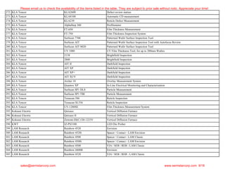 272 KLA Tencor KLA2608 Defect review station
273 KLA Tencor KLA8100 Automatic CD measurement
274 KLA Tencor KLA239 Reticle Defect Measurement
275 KLA Tencor AlphaStep 300 Profilometer
276 KLA Tencor FT-650 Film Thickness Measurement
277 KLA Tencor FT-750 Film Thickness Inspection System
278 KLA Tencor Surfscan 7700 Patterned Wafer Surface Inspection Tool
279 KLA Tencor Surfscan AIT Patterned Wafer Surface Inspection Tool with Autofocus Review
280 KLA Tencor Surfscan AIT 8020 Patterned Wafer Surface Inspection Tool
281 KLA Tencor UV 1080 UV Film Thickness Tool, for up to 200mm Wafers
282 KLA Tencor 2138 Brightfield Inspection
283 KLA Tencor 2800 Brightfield Inspection
284 KLA Tencor AIT II Darkfield Inspection
285 KLA Tencor AIT XP Darkfield Inspection
286 KLA Tencor AIT XP+ Darkfield Inspection
287 KLA Tencor AIT XUV Darkfield Inspection
288 KLA Tencor Archer 10 Overlay Measurement System
289 KLA Tencor Quantox XP In-Line Electrical Monitoring and Characterization
290 KLA Tencor Surfscan SP1 DLS Particle Measurement
291 KLA Tencor Surfscan SP1 TBI Particle Measurement
292 KLA Tencor Terascan 586 Reticle Inspection
293 KLA Tencor Terascan SL536 Reticle Inspection
294 KLA Tencor UV-1280SE Film Thickness Measurement System
295 Kokusai Electric Quixace Vertical Diffusion Furnace
296 Kokusai Electric Quixace II Vertical Diffusion Furnace
297 Kokusai Electric Zestone-III(C) DJ-1223V Vertical Diffusion Furnace
298 KWT IZ-PS3100 LED Die Prober
299 LAM Research Rainbow 4520 Envision
300 LAM Research Rainbow 4520i Spacer / Contact - LAM Envision
301 LAM Research Rainbow 4500 Spacer / Contact - LAM Classic
302 LAM Research Rainbow 4500i Spacer / Contact - LAM Envision
303 LAM Research Rainbow 4500 VIA / SEB / REB - LAM Classic
304 LAM Research Rainbow 4400B Envision
305 LAM Research Rainbow 4520 VIA / SEB / REB - LAM Classic
Please email us to check the availability of the items listed in the table. They are subject to prior sale without notic. Appreciate your time!
sales@semistarcorp.com www.semistarcorp.com 9/18
 