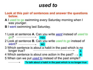 used to
Look at this pair of sentences and answer the questions
   below.
A I used to go swimming every Saturday morning when I
   was younger.
B I went swimming last Saturday.

1 Look at sentence A. Can you write went instead of used to
   go?                  YES
2 Look at sentence B. Can you write used to go instead of
   went?                 NO
3 Which sentence is about a habit in the past which is no
   longer true?                                        A
4 Which sentence is about one action in the past?      B
5 When can we put used to instead of the past simple?
              To talk about a habit in the past which is no longer true
 