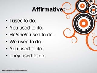 Affirmative:
•   I used to do.
•   You used to do.
•   He/she/it used to do.
•   We used to do.
•   You used to do.
•   They used to do.
 