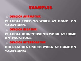   ORACION AFIRMATIVA:
CLAUDIA USED TO WORK AT HOME ON
VACATIONS.
  ORACION NEGATIVA:

CLAUDIA DIDN´T USE TO WORK AT HOME
ON VACATIONS.
  ORACION INTERROGATIVA:

DID CLAUDIA USE TO WORK AT HOME ON
VACATIONS?
 