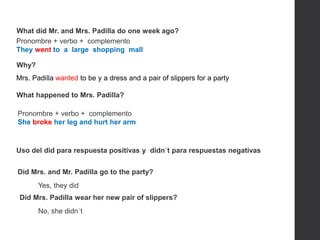 What did Mr. and Mrs. Padilla do one week ago?
Why?
What happened to Mrs. Padilla?
Did Mrs. and Mr. Padilla go to the party?
Did Mrs. Padilla wear her new pair of slippers?
Uso del did para respuesta positivas y didn´t para respuestas negativas
Pronombre + verbo + complemento
They went to a large shopping mall
Pronombre + verbo + complemento
She broke her leg and hurt her arm
Yes, they did
Mrs. Padilla wanted to be y a dress and a pair of slippers for a party
No, she didn´t
 