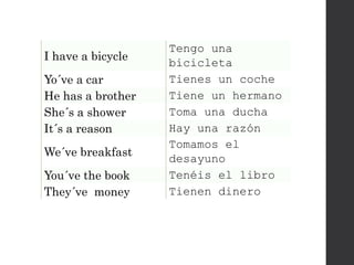 I have a bicycle
Tengo una
bicicleta
Yo´ve a car Tienes un coche
He has a brother Tiene un hermano
She´s a shower Toma una ducha
It´s a reason Hay una razón
We´ve breakfast
Tomamos el
desayuno
You´ve the book Tenéis el libro
They´ve money Tienen dinero
 