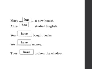 Mary …………… a new house.
Alice …………… studied English.
You …………… bought books.
We …………… money.
They …………… broken the window.
have
has
has
have
have
 
