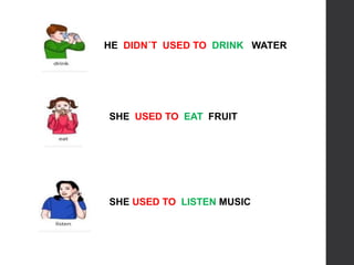 HE DIDN´T USED TO DRINK WATER
SHE USED TO EAT FRUIT
SHE USED TO LISTEN MUSIC
 