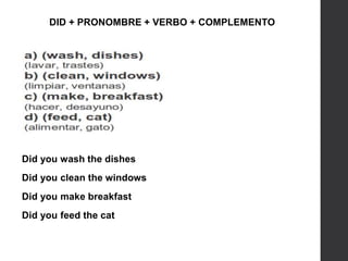 Did you wash the dishes
Did you clean the windows
Did you make breakfast
Did you feed the cat
DID + PRONOMBRE + VERBO + COMPLEMENTO
 