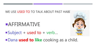 WE USE USED TO TO TALK ABOUT PAST HABITS.
AFFIRMATIVE
Subject + used to + verb…
Dana used to like cooking as a child.
 
