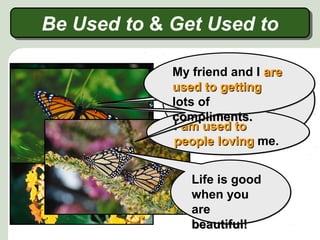 And I quickly gotgot
used toused to drinkingdrinking
the nectarthe nectar of
beautiful
flowers.
And I quickly gotgot
used toused to drinkingdrinking
the nectarthe nectar of
beautiful
flowers.
Be Used to & Get Used toBe Used to & Get Used to
Life is good
when you
are
beautiful!
Life is good
when you
are
beautiful!
Today life is
very different.
Today life is
very different.
I am used toam used to
peoplepeople lovingloving me.
I am used toam used to
peoplepeople lovingloving me.
My friend and I areare
used toused to gettinggetting
lots of
compliments.
My friend and I areare
used toused to gettinggetting
lots of
compliments.
 