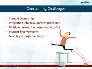 Overcoming Challenges
• Content Ownership
• Integration into development processes
• Multiple means of representation (UDL)
• Student-first mentality
• Teaching through feedback
 