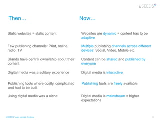 Then…                                       Now…

 Static websites = static content             Websites are dynamic = content has to be
                                              adaptive

 Few publishing channels: Print, online,      Multiple publishing channels across different
 radio, TV                                    devices: Social, Video, Mobile etc.

 Brands have central ownership about their    Content can be shared and published by
 content                                      everyone

 Digital media was a solitary experience      Digital media is interactive


 Publishing tools where costly, complicated   Publishing tools are freely available
 and had to be built

 Using digital media was a niche              Digital media is mainstream = higher
                                              expectations



USEEDS° user centred thinking                                                                 39
 