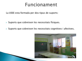 La USEE esta formada per dos tipus de suports:



   Suports que cobreixen les necessitats físiques.

   Suports que cobreixen les necessitats cognitives i afectives.
 
