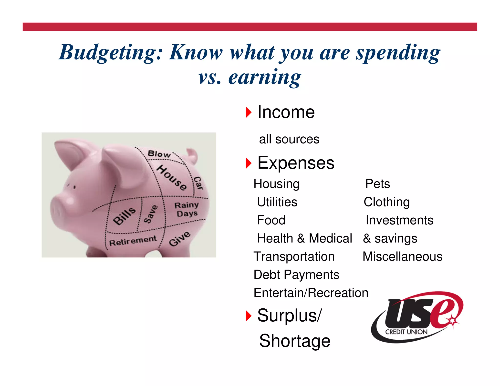 Budgeting: Know what you are spending
             vs. earning
                   Income
                   all sources

                   Expenses
                  Housing            Pets
                  Utilities          Clothing
                  Food                Investments
                  Health & Medical & savings
                  Transportation     Miscellaneous
                  Debt Payments
                  Entertain/Recreation
                   Surplus/
                   Shortage
 