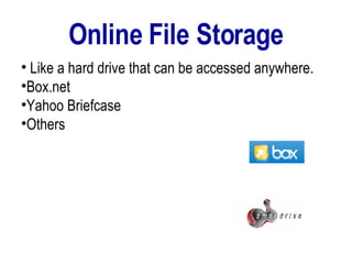 Online File Storage Like a hard drive that can be accessed anywhere. Box.net Yahoo Briefcase Others  