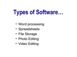 Types of Software… Word processing Spreadsheets File Storage Photo Editing Video Editing 