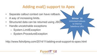 • Separate callout context can have rollback.
• A way of increasing limits.
• Structured data can be returned using JSON
• Handle uncatchable exceptions
– System.LimitException
– System.ProcedureException
http://www.fishofprey.com/2014/11/adding-eval-support-to-apex.html
Adding eval() support to Apex
Winter `16
Unlimited Callouts
to Internal
Salesforce URLs
 