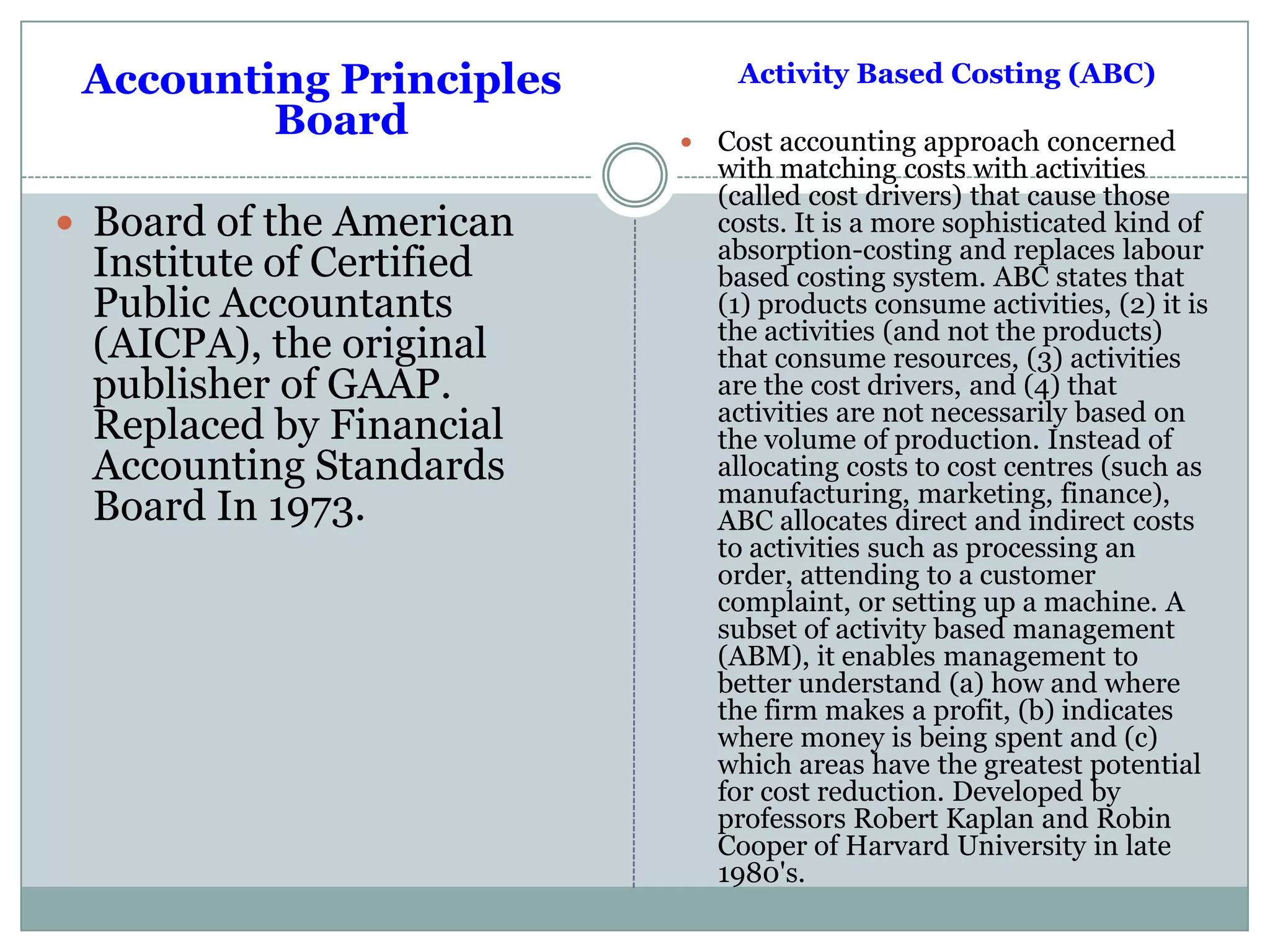 Accounting Principles
Board
 Board of the American
Institute of Certified
Public Accountants
(AICPA), the original
publisher of GAAP.
Replaced by Financial
Accounting Standards
Board In 1973.
Activity Based Costing (ABC)
 Cost accounting approach concerned
with matching costs with activities
(called cost drivers) that cause those
costs. It is a more sophisticated kind of
absorption-costing and replaces labour
based costing system. ABC states that
(1) products consume activities, (2) it is
the activities (and not the products)
that consume resources, (3) activities
are the cost drivers, and (4) that
activities are not necessarily based on
the volume of production. Instead of
allocating costs to cost centres (such as
manufacturing, marketing, finance),
ABC allocates direct and indirect costs
to activities such as processing an
order, attending to a customer
complaint, or setting up a machine. A
subset of activity based management
(ABM), it enables management to
better understand (a) how and where
the firm makes a profit, (b) indicates
where money is being spent and (c)
which areas have the greatest potential
for cost reduction. Developed by
professors Robert Kaplan and Robin
Cooper of Harvard University in late
1980's.
 