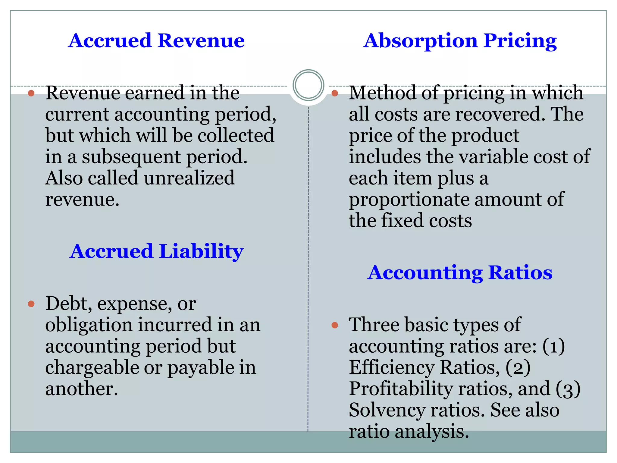 Accrued Revenue
 Revenue earned in the
current accounting period,
but which will be collected
in a subsequent period.
Also called unrealized
revenue.
Accrued Liability
 Debt, expense, or
obligation incurred in an
accounting period but
chargeable or payable in
another.
Absorption Pricing
 Method of pricing in which
all costs are recovered. The
price of the product
includes the variable cost of
each item plus a
proportionate amount of
the fixed costs
Accounting Ratios
 Three basic types of
accounting ratios are: (1)
Efficiency Ratios, (2)
Profitability ratios, and (3)
Solvency ratios. See also
ratio analysis.
 