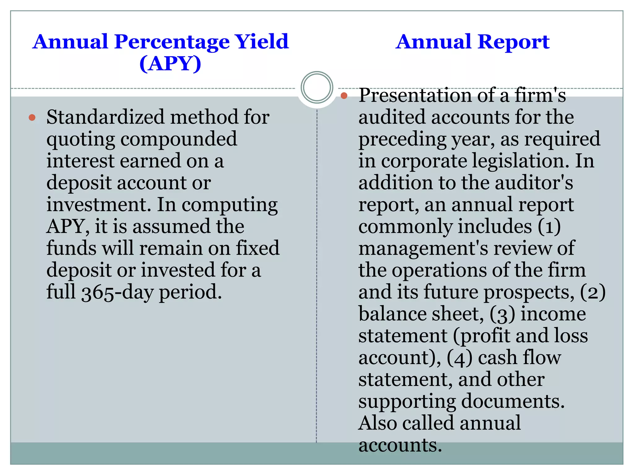 Annual Percentage Yield
(APY)
 Standardized method for
quoting compounded
interest earned on a
deposit account or
investment. In computing
APY, it is assumed the
funds will remain on fixed
deposit or invested for a
full 365-day period.
Annual Report
 Presentation of a firm's
audited accounts for the
preceding year, as required
in corporate legislation. In
addition to the auditor's
report, an annual report
commonly includes (1)
management's review of
the operations of the firm
and its future prospects, (2)
balance sheet, (3) income
statement (profit and loss
account), (4) cash flow
statement, and other
supporting documents.
Also called annual
accounts.
 