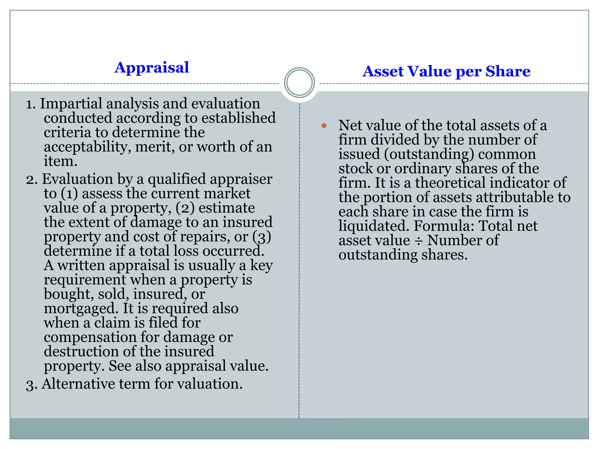 Appraisal
1. Impartial analysis and evaluation
conducted according to established
criteria to determine the
acceptability, merit, or worth of an
item.
2. Evaluation by a qualified appraiser
to (1) assess the current market
value of a property, (2) estimate
the extent of damage to an insured
property and cost of repairs, or (3)
determine if a total loss occurred.
A written appraisal is usually a key
requirement when a property is
bought, sold, insured, or
mortgaged. It is required also
when a claim is filed for
compensation for damage or
destruction of the insured
property. See also appraisal value.
3. Alternative term for valuation.
Asset Value per Share
 Net value of the total assets of a
firm divided by the number of
issued (outstanding) common
stock or ordinary shares of the
firm. It is a theoretical indicator of
the portion of assets attributable to
each share in case the firm is
liquidated. Formula: Total net
asset value ÷ Number of
outstanding shares.
 