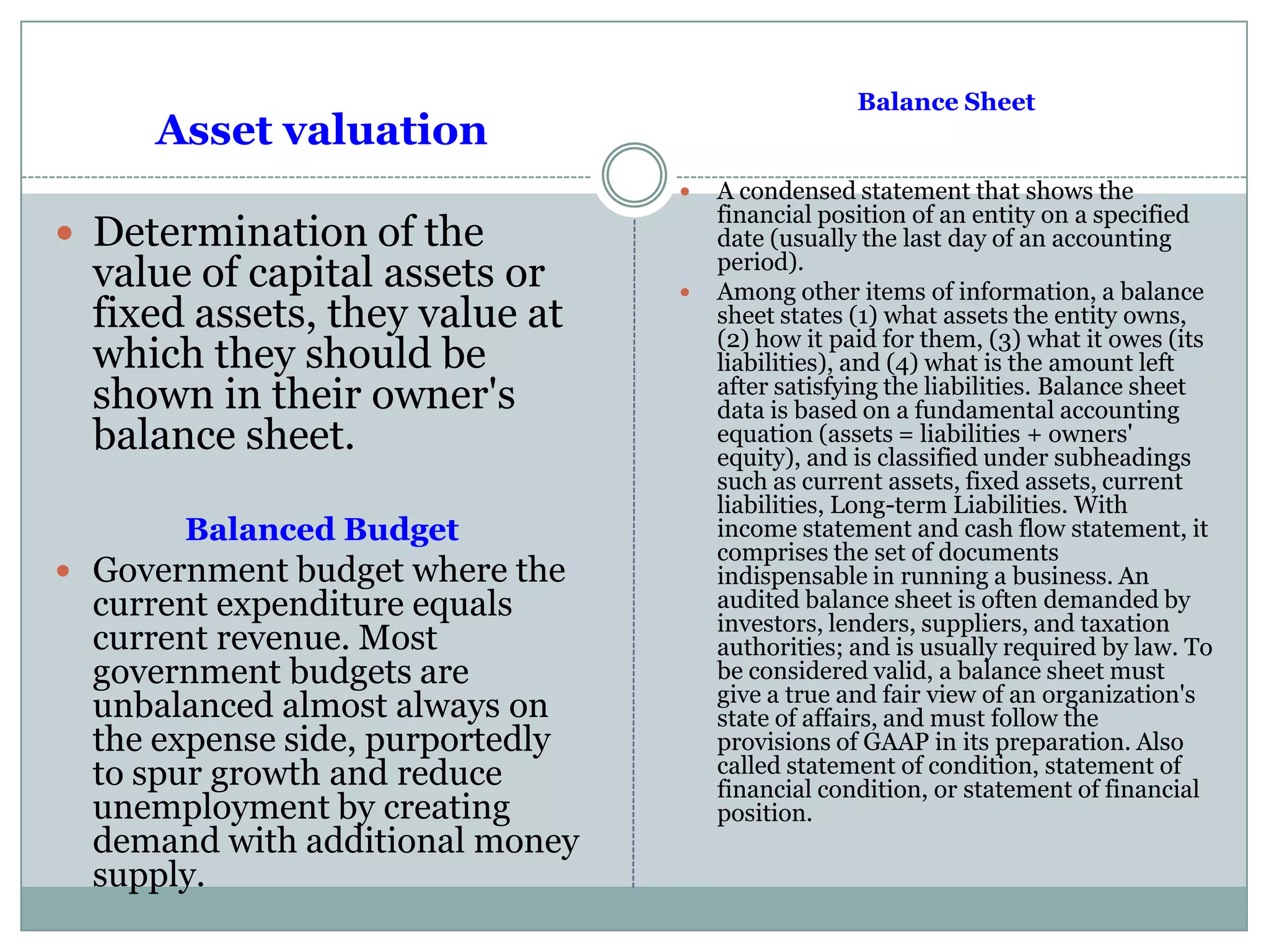 Asset valuation
 Determination of the
value of capital assets or
fixed assets, they value at
which they should be
shown in their owner's
balance sheet.
Balanced Budget
 Government budget where the
current expenditure equals
current revenue. Most
government budgets are
unbalanced almost always on
the expense side, purportedly
to spur growth and reduce
unemployment by creating
demand with additional money
supply.
Balance Sheet
 A condensed statement that shows the
financial position of an entity on a specified
date (usually the last day of an accounting
period).
 Among other items of information, a balance
sheet states (1) what assets the entity owns,
(2) how it paid for them, (3) what it owes (its
liabilities), and (4) what is the amount left
after satisfying the liabilities. Balance sheet
data is based on a fundamental accounting
equation (assets = liabilities + owners'
equity), and is classified under subheadings
such as current assets, fixed assets, current
liabilities, Long-term Liabilities. With
income statement and cash flow statement, it
comprises the set of documents
indispensable in running a business. An
audited balance sheet is often demanded by
investors, lenders, suppliers, and taxation
authorities; and is usually required by law. To
be considered valid, a balance sheet must
give a true and fair view of an organization's
state of affairs, and must follow the
provisions of GAAP in its preparation. Also
called statement of condition, statement of
financial condition, or statement of financial
position.
 