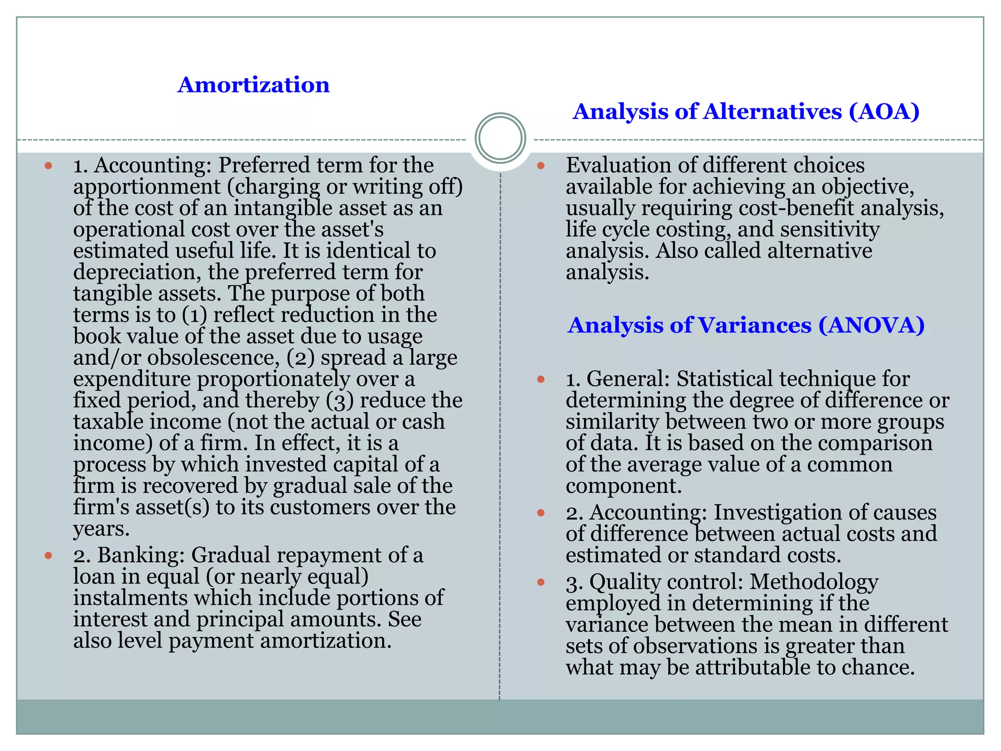 Amortization
 1. Accounting: Preferred term for the
apportionment (charging or writing off)
of the cost of an intangible asset as an
operational cost over the asset's
estimated useful life. It is identical to
depreciation, the preferred term for
tangible assets. The purpose of both
terms is to (1) reflect reduction in the
book value of the asset due to usage
and/or obsolescence, (2) spread a large
expenditure proportionately over a
fixed period, and thereby (3) reduce the
taxable income (not the actual or cash
income) of a firm. In effect, it is a
process by which invested capital of a
firm is recovered by gradual sale of the
firm's asset(s) to its customers over the
years.
 2. Banking: Gradual repayment of a
loan in equal (or nearly equal)
instalments which include portions of
interest and principal amounts. See
also level payment amortization.
Analysis of Alternatives (AOA)
 Evaluation of different choices
available for achieving an objective,
usually requiring cost-benefit analysis,
life cycle costing, and sensitivity
analysis. Also called alternative
analysis.
Analysis of Variances (ANOVA)
 1. General: Statistical technique for
determining the degree of difference or
similarity between two or more groups
of data. It is based on the comparison
of the average value of a common
component.
 2. Accounting: Investigation of causes
of difference between actual costs and
estimated or standard costs.
 3. Quality control: Methodology
employed in determining if the
variance between the mean in different
sets of observations is greater than
what may be attributable to chance.
 